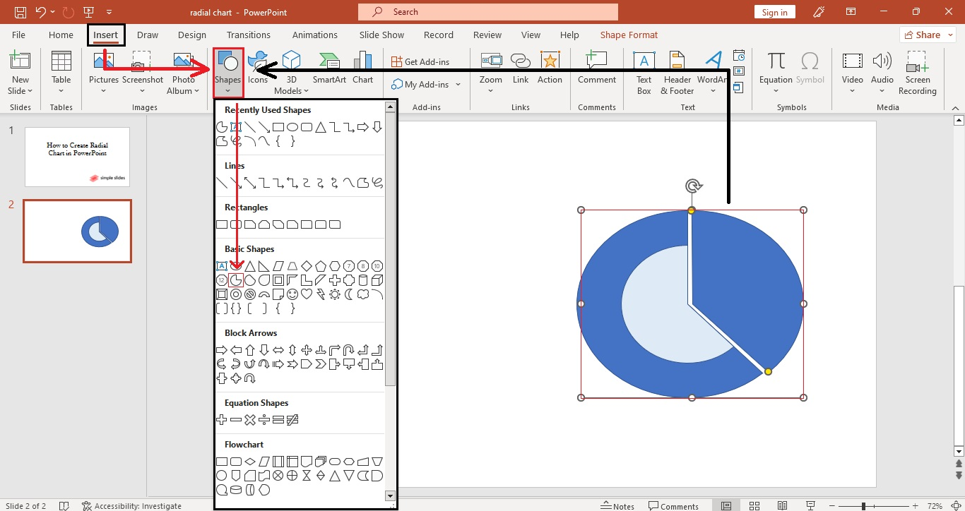 Then select "Insert" tab and click "shapes," choose again partial circle to create a whole radial diagram for your PowerPoint template.