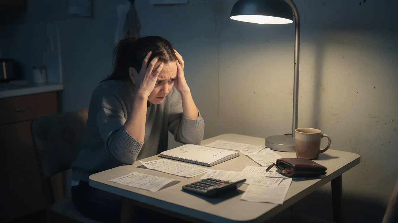 The image depicts a woman looking distressed as she reviews her financial documents, symbolizing the serious trouble she faces during the divorce process. This moment reflects the emotional turmoil and life-altering decisions associated with seeking financial support and professional help in her journey towards a healthier future.
