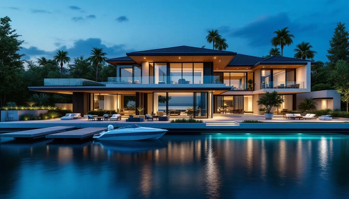 The image depicts a luxury marina villa located in Cape Harbour, Cape Coral, featuring modern architecture with expansive outdoor living areas and a private boat dock. The villa offers breathtaking waterfront views of Pine Island Sound, perfect for those interested in yachting and boating in Southwest Florida.