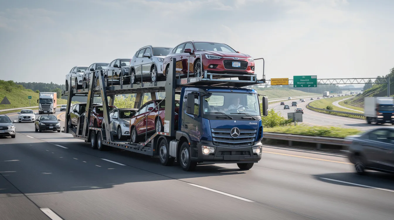 A large car hauler truck is seen transporting multiple vehicles on a busy interstate highway, showcasing the efficient logistics of expedited auto transport services. The truck is designed to accommodate various cars, highlighting the importance of reliable vehicle transport in the auto transport industry.