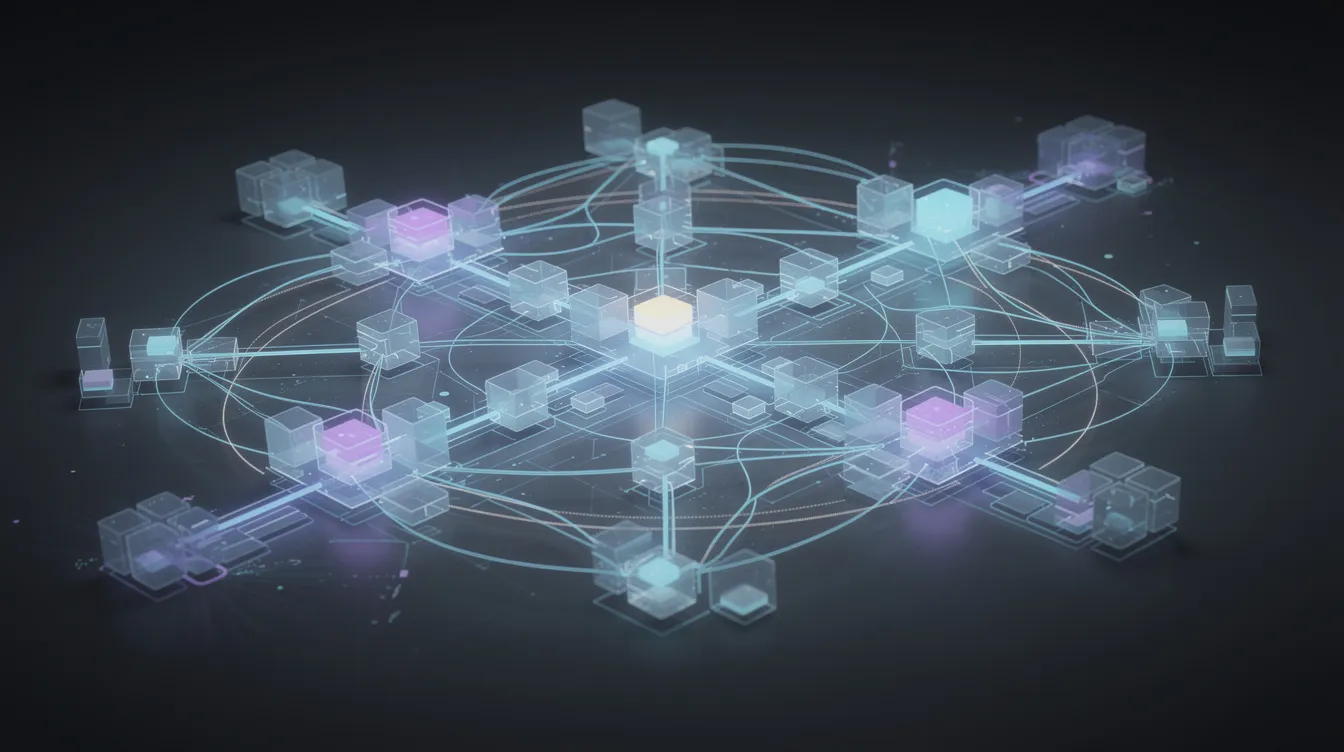 An abstract visualization depicts interconnected software packages arranged in a network pattern, symbolizing the complexity of npm packages and GitHub tokens. The design hints at the potential risks of compromised packages and supply chain attacks, emphasizing the importance of secure developer environments and validated GitHub tokens.