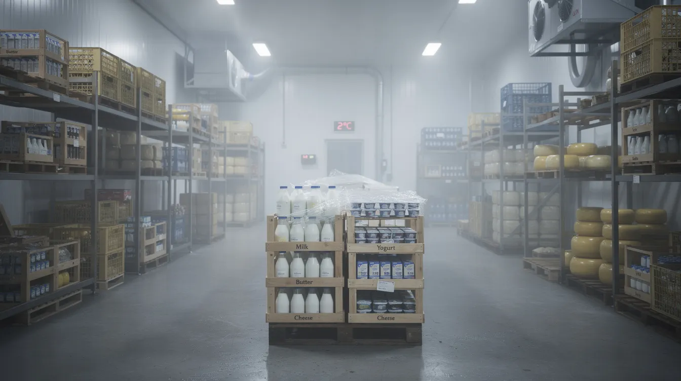 ca572378 c98c 4c74 9005 7ff45b129f25 The image depicts a cold storage room filled with neatly stacked crates of various dairy products, highlighting the importance of effective working capital management in the dairy industry. This setup reflects the operational efficiency necessary for maintaining the business's financial health and meeting short-term obligations.