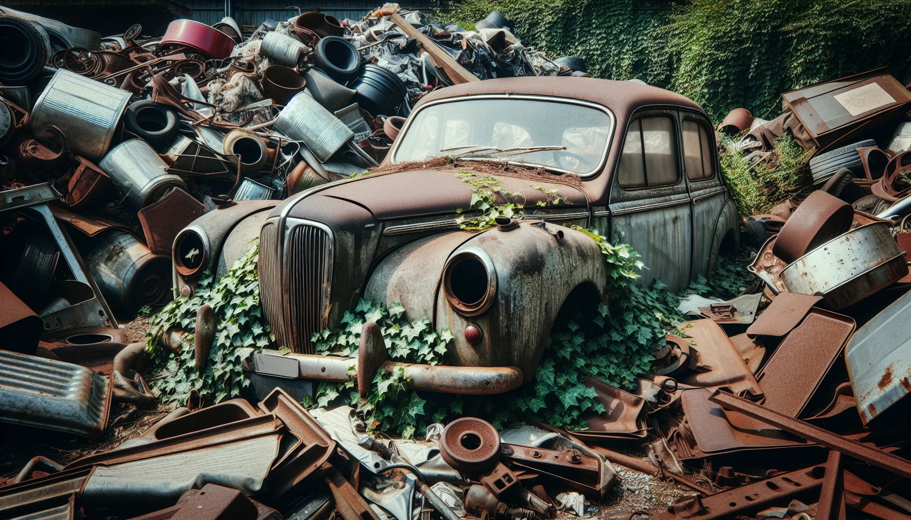 A vintage car in a junkyard