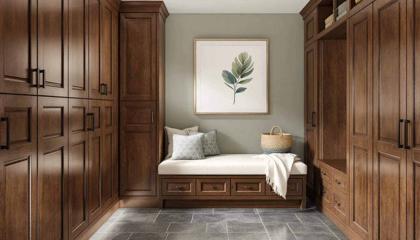 A modern mudroom features built-in wood lockers, slate tile floors, and a large window that floods the space with natural light. The cozy bench area is adorned with plush cushions and decorative throw pillows, while stylish accents like a potted plant and woven baskets enhance the functional space, perfect for organizing shoes and sports equipment.