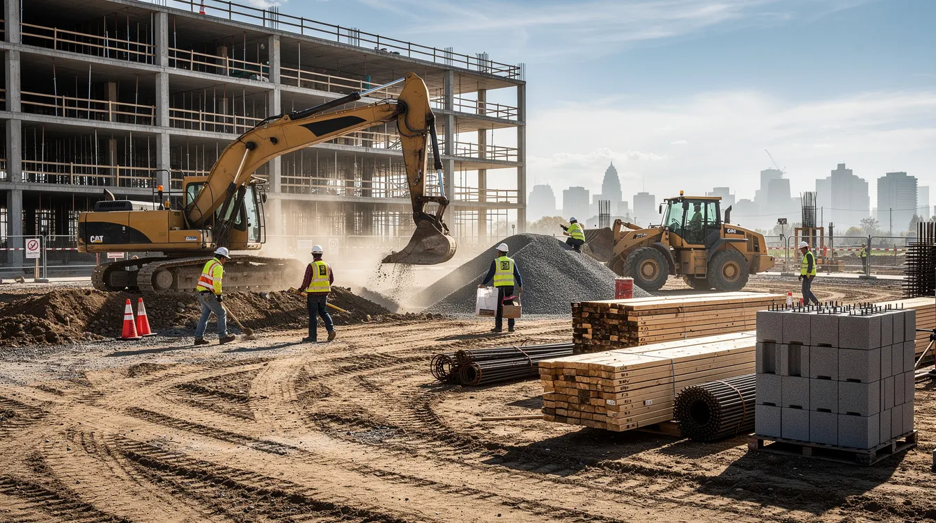 The image shows construction workers operating heavy equipment on an active construction site, with stacks of building materials nearby. This scene highlights the ongoing business operations and contractual obligations involved in construction projects, where adherence to written agreements and legal guidance is essential for successful completion.