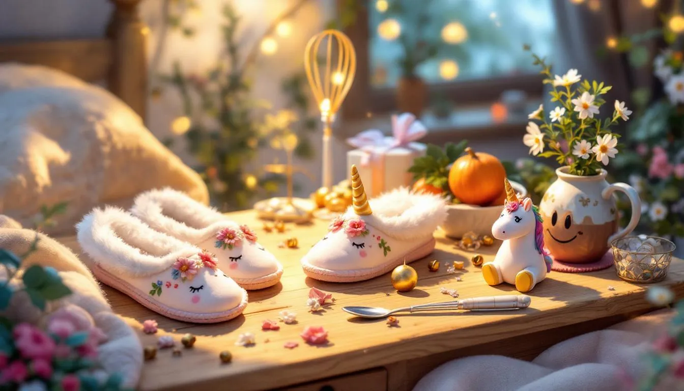 Fun and quirky gifts to make her smile, including novelty slippers and creative kitchen gadgets.