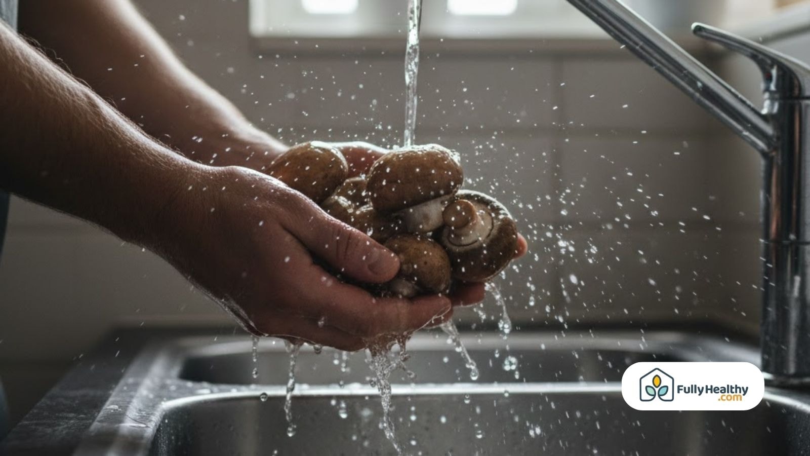 Person washing fresh mushrooms under running water.