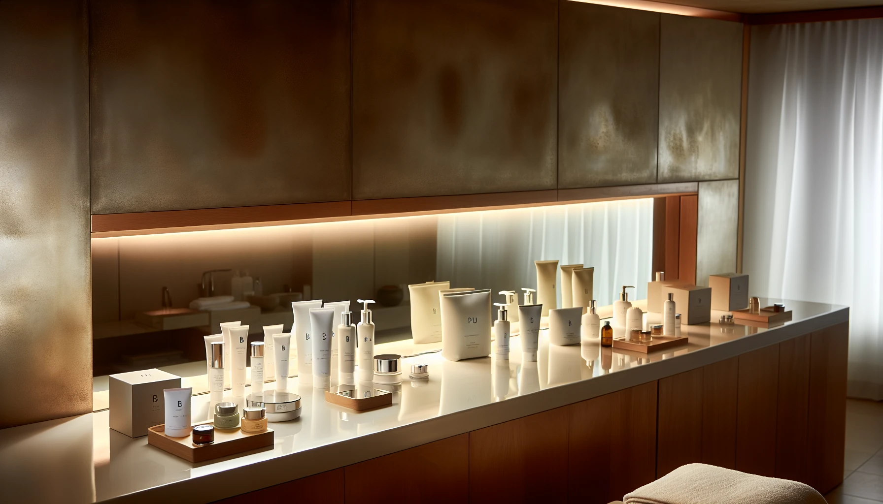 Luxurious Skincare Treatments. A serene spa setting with soft lighting and skincare products arranged neatly on a shelf.