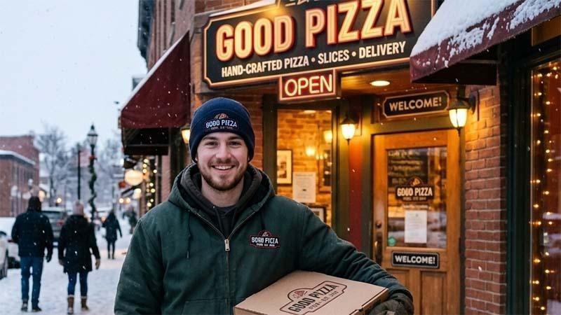 A man wearing his business's branded beanie