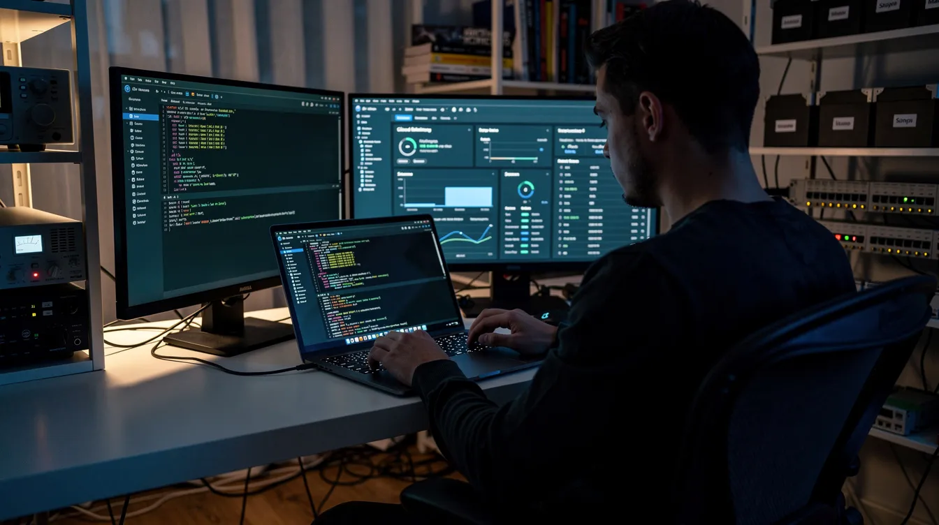 A person is seated at a desk in a home lab, focused on a laptop displaying multiple terminal windows and cloud console interfaces, reflecting a workspace dedicated to cybersecurity education and practical skills development. This environment suggests an emphasis on hands-on experience with network security and incident response, essential for those pursuing cybersecurity certifications and careers.