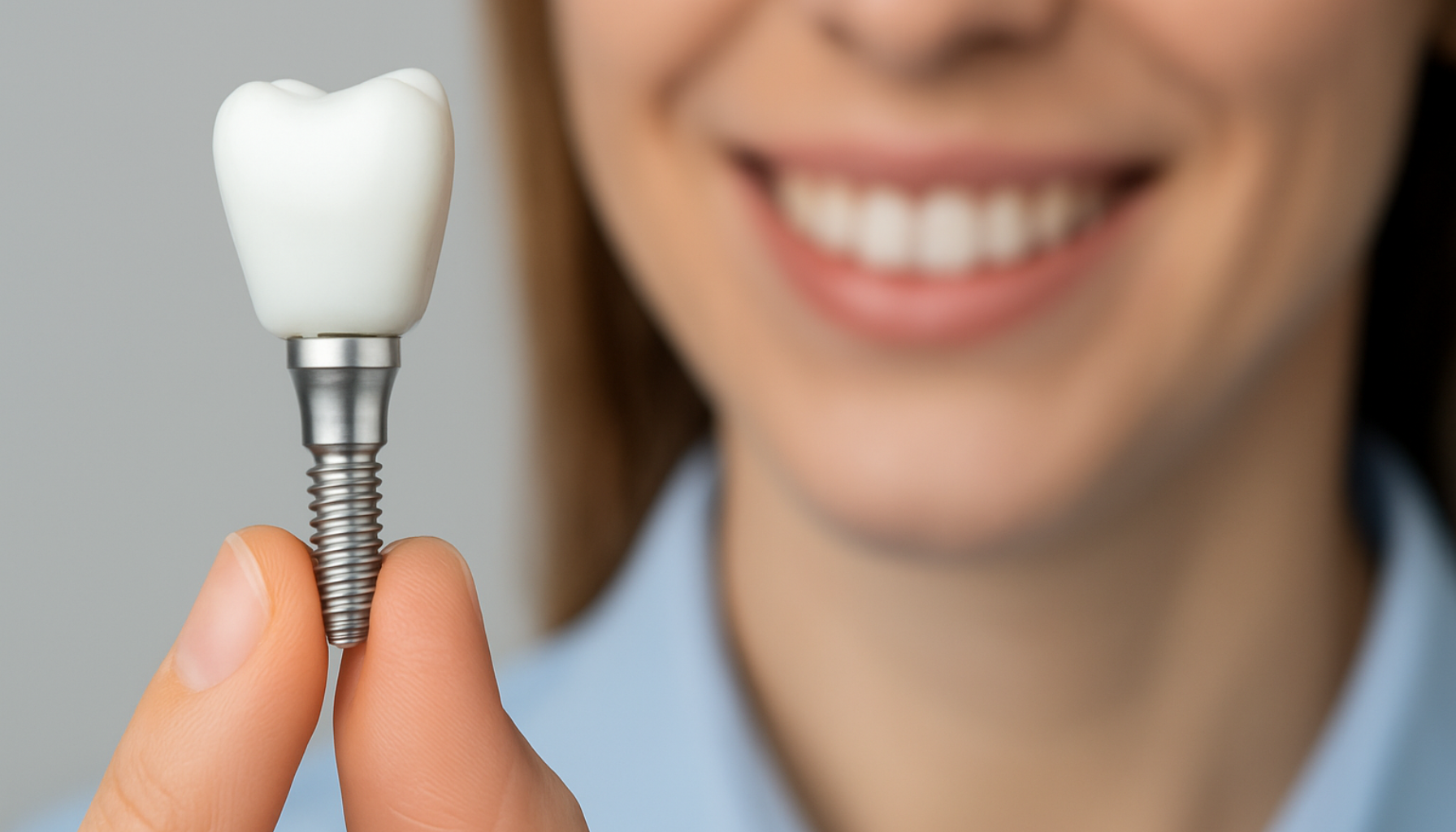 En kvinne holder et tannimplantat med metallskrue og hvit krone mellom fingrene, med et smilende ansikt i bakgrunnen.