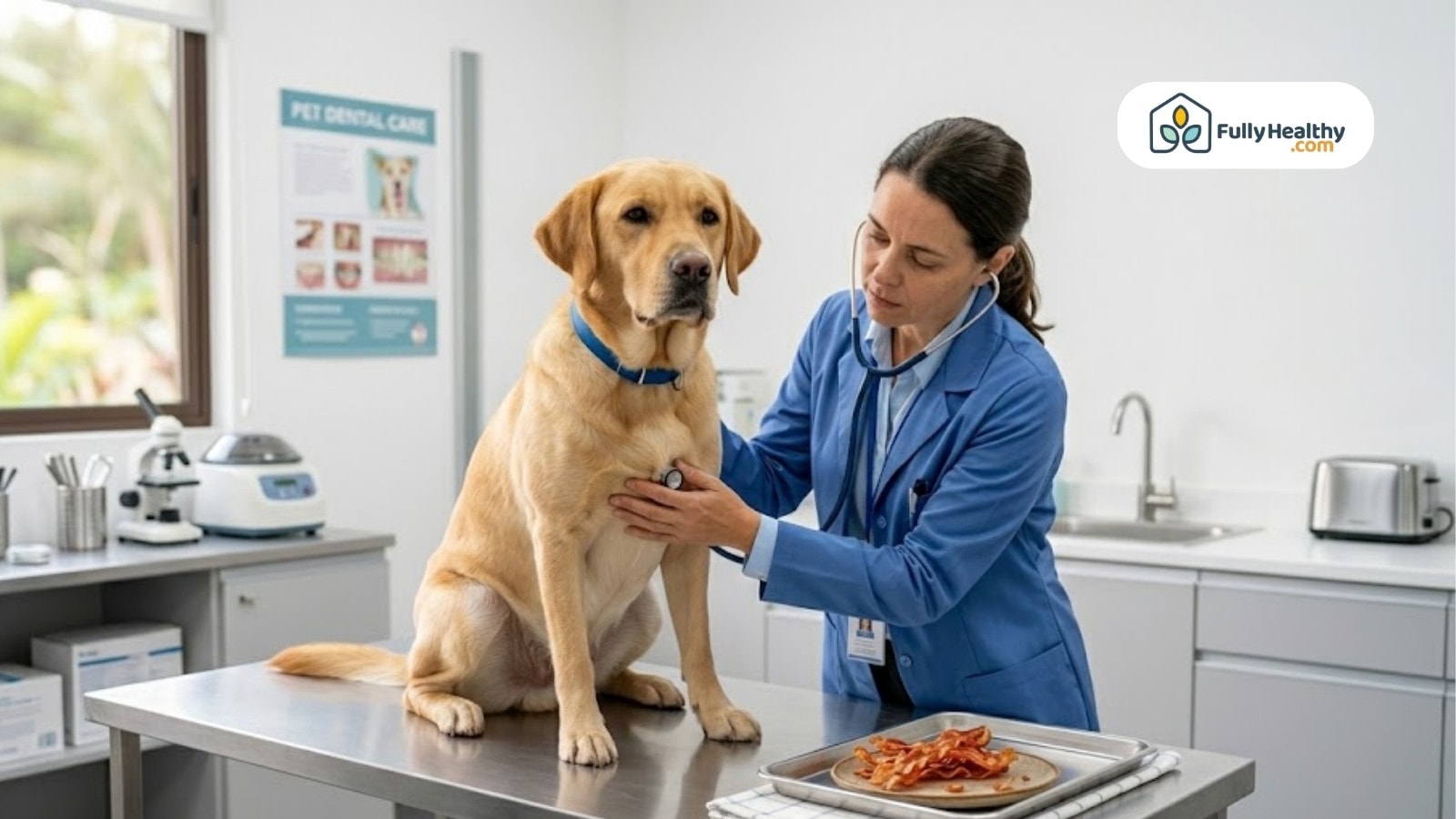 Veterinarian examining Labrador retriever on clinic table