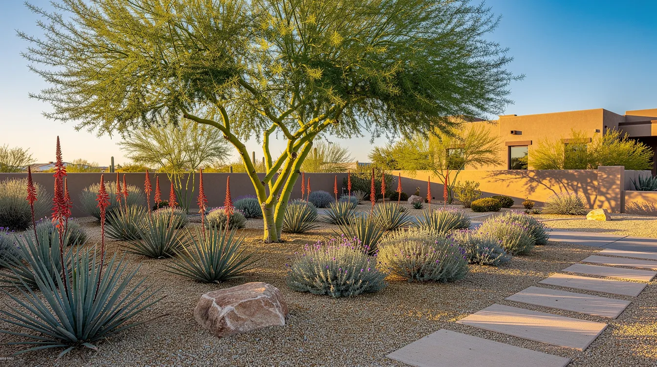 The image showcases a drought-tolerant planting bed in Scottsdale featuring a palo verde tree, red yucca, and Texas sage, surrounded by gravel mulch and light pavers. This outdoor living space illustrates a beautiful example of landscape design, perfect for enhancing your backyard makeover ideas.