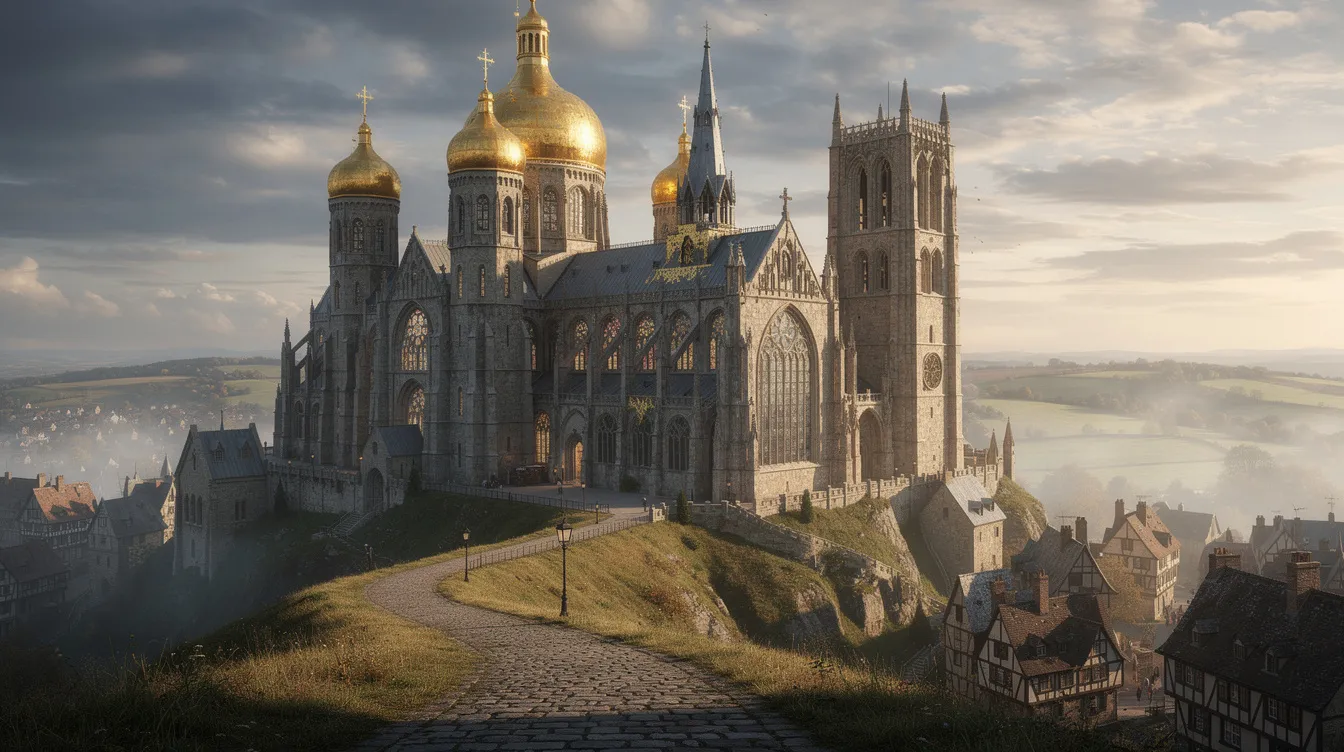 A imagem mostra uma catedral gótica medieval com torres majestosas e cúpulas douradas, situada no topo da colina de Wawel, na Polônia. Ao fundo, é possível ver o cenário europeu, que destaca a beleza arquitetônica da catedral de Wawel, um importante símbolo da história e cultura da cidade de Cracóvia.