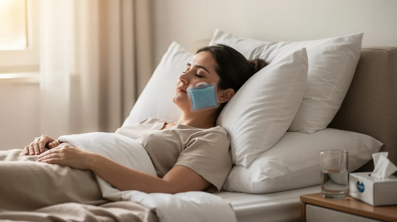 A person is resting comfortably in bed with their head elevated on pillows, while a cool compress is placed near their face, suggesting they are in the recovery period following a fat transfer procedure. This scene reflects the importance of rest and care during the initial healing phase after surgery to restore lost volume and achieve a more youthful appearance.
