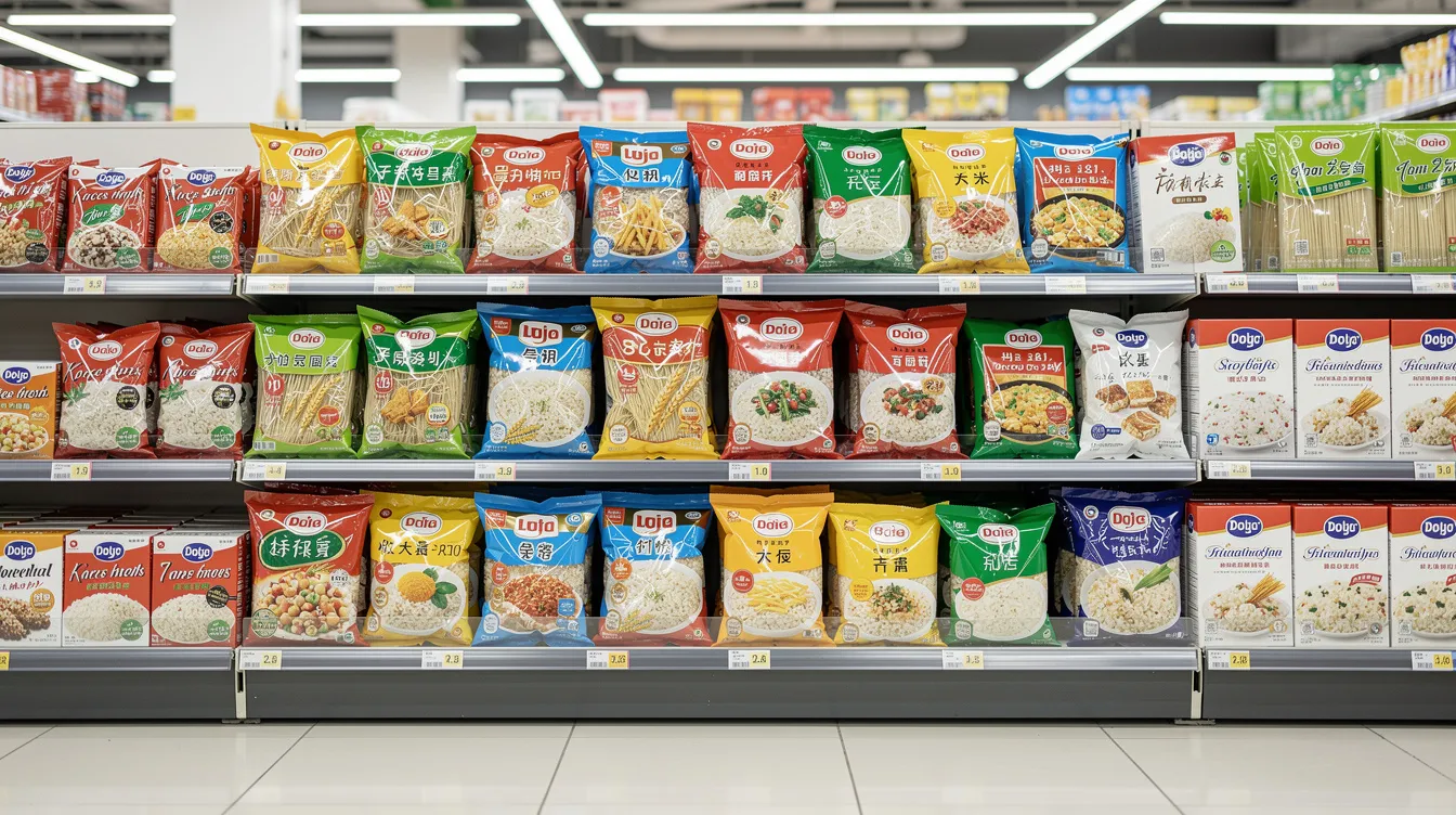 ca6667a6 6e85 4146 94fb f49ab9bf6640 The image shows retail store shelves filled with colorful pouches and boxes of various packaged rice-based food products, including puffed rice and rice flour, showcasing the diversity in the rice industry and processed foods. These items highlight the value addition in rice processing, appealing to consumers looking for convenient cooking options.