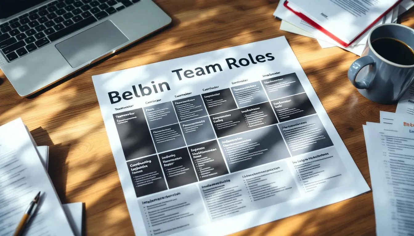 Eine Tabelle mit den Belbin Teamrollen liegt auf dem Schreibtisch eines Mitarbeiters, die verschiedene Teamrollen wie Koordinator, Teamworker und Macher zeigt. Diese Übersicht unterstützt die Rollenverteilung und die Stärken und Schwächen der Teammitglieder im Rahmen der Teamarbeit und Projektmanagements.