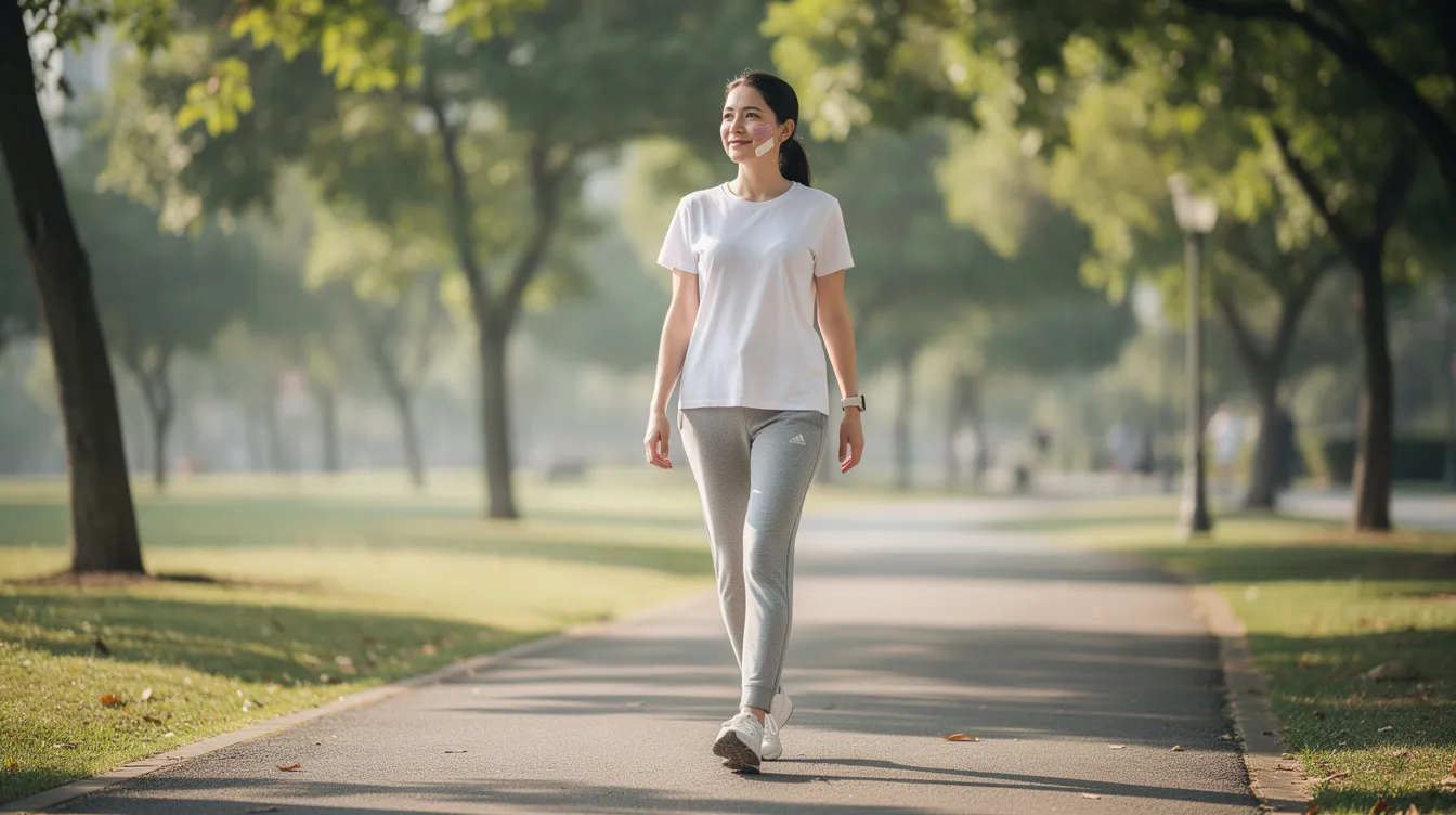 A person is walking outdoors during a light recovery period after a non-surgical butt lift, showcasing the natural curves achieved through the liquid BBL procedure. They appear relaxed and comfortable, indicating minimal downtime and mild swelling as their body begins to stimulate collagen production.