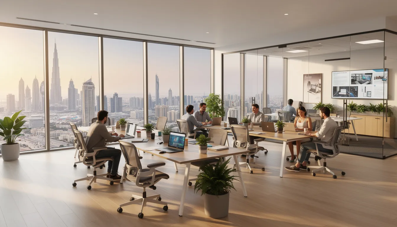 Un bureau moderne avec une vue panoramique sur la ville de Dubaï, mettant en avant des espaces de travail collaboratifs. Ce cadre dynamique est idéal pour les entrepreneurs souhaitant créer une société dans les Émirats arabes unis, en profitant des avantages des zones franches et du centre d'affaires de Dubaï.