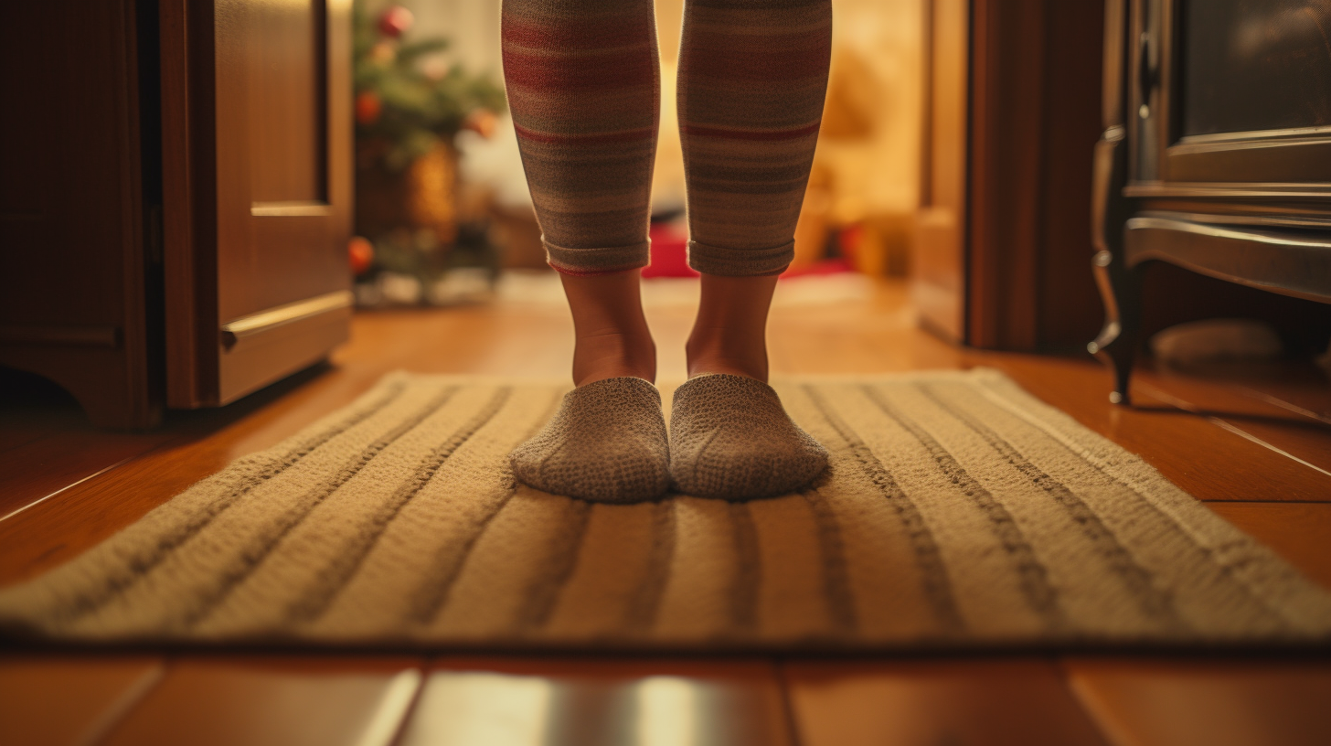 Feet covered in socks in warm environment