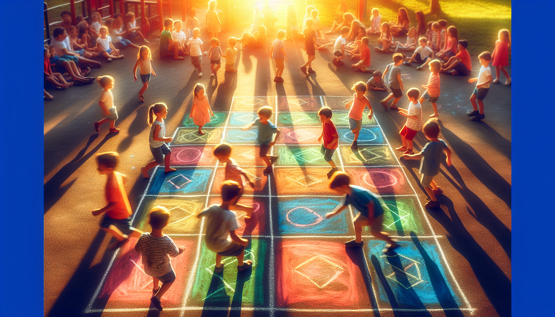 Children playing Four Square with colorful chalk-drawn squares