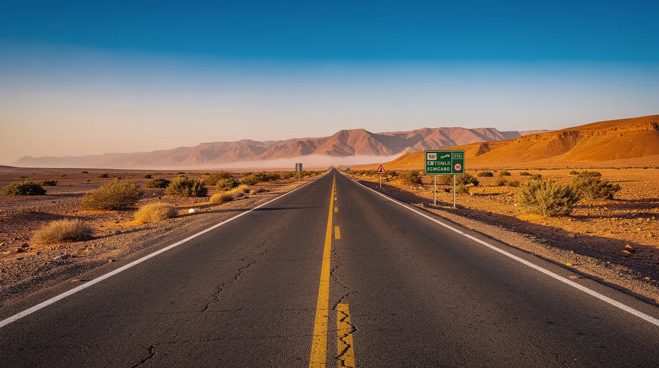 Un'ampia strada asfaltata in Marocco si estende tra un paesaggio arido, con segnaletica stradale ben visibile ai lati. Questo scenario è tipico per chi cerca un'auto a noleggio a Marrakech, ideale per esplorare le meraviglie del nord Africa.