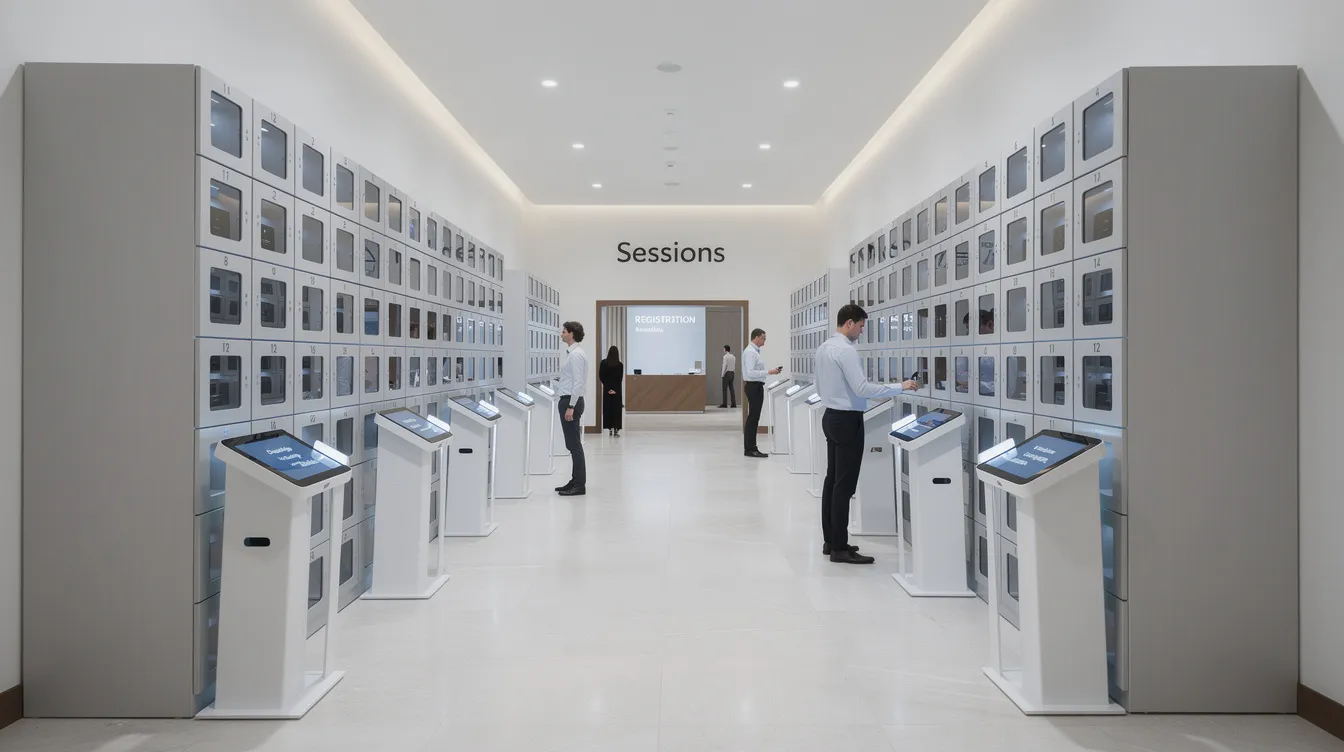 The image shows rows of sleek, modern smart charging lockers in a conference venue hallway, designed to provide secure charging access for attendees' mobile devices. These charging stations feature built-in cables and USB ports, offering a convenient solution for guests to charge their phones and laptops during corporate events and trade shows.