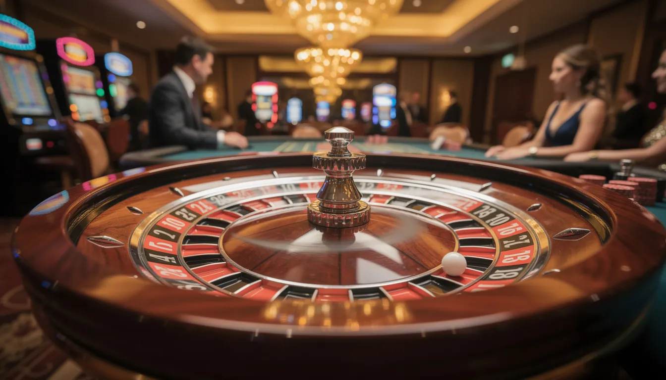 En snurrande roulettehjul i en livlig casinomiljö, där spelare samlas för att uppleva spänningen hos fastbet och andra online casinon. Ljudet av klotet som snurrar på hjulet skapar en atmosfär av förväntan och underhållning.
