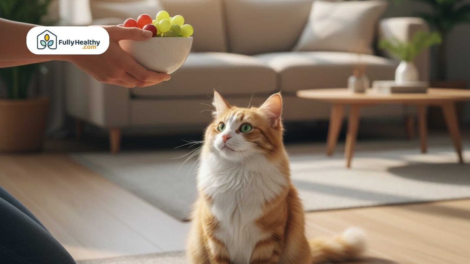 Person offering grapes to curious cat sitting on rug in living room