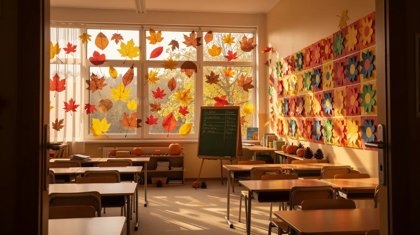 Sala szkolna udekorowana na jesień, z kolorowymi liśćmi zawieszonymi na oknach oraz papierowymi kwiatami przyczepionymi do ściany, tworzy przyjemną atmosferę na okazję Dnia Edukacji Narodowej. W tle widoczne są laurki wykonane przez dzieci, kt&oacute;re dodają uroku tej edukacyjnej przestrzeni.