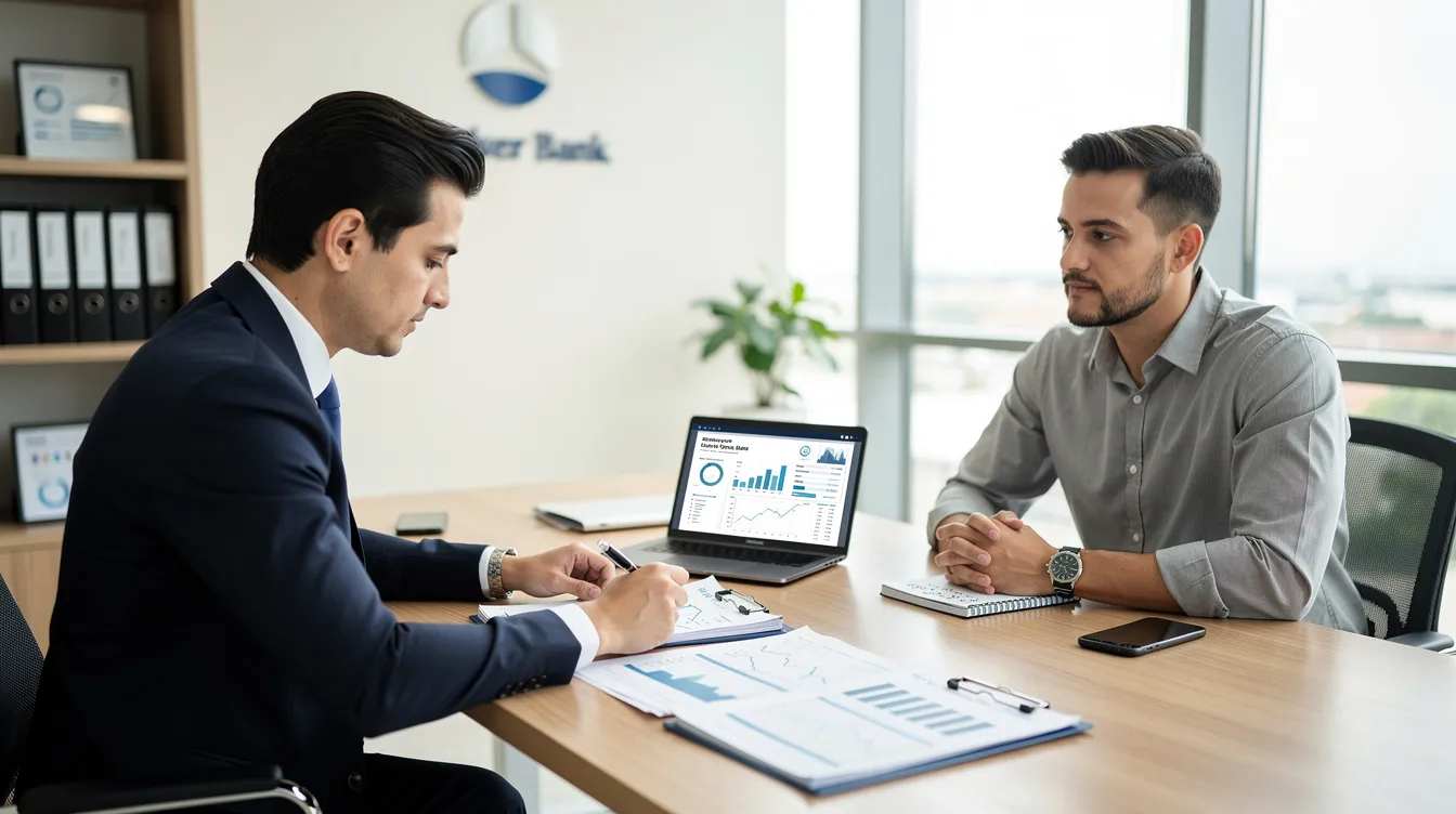 The image shows a bank officer at a desk, carefully reviewing documents while an entrepreneur sits across from them, discussing a business loan application. The scene reflects the process of seeking financial assistance for small enterprises, highlighting the importance of a clear business plan and eligibility criteria in securing funding from financial institutions.