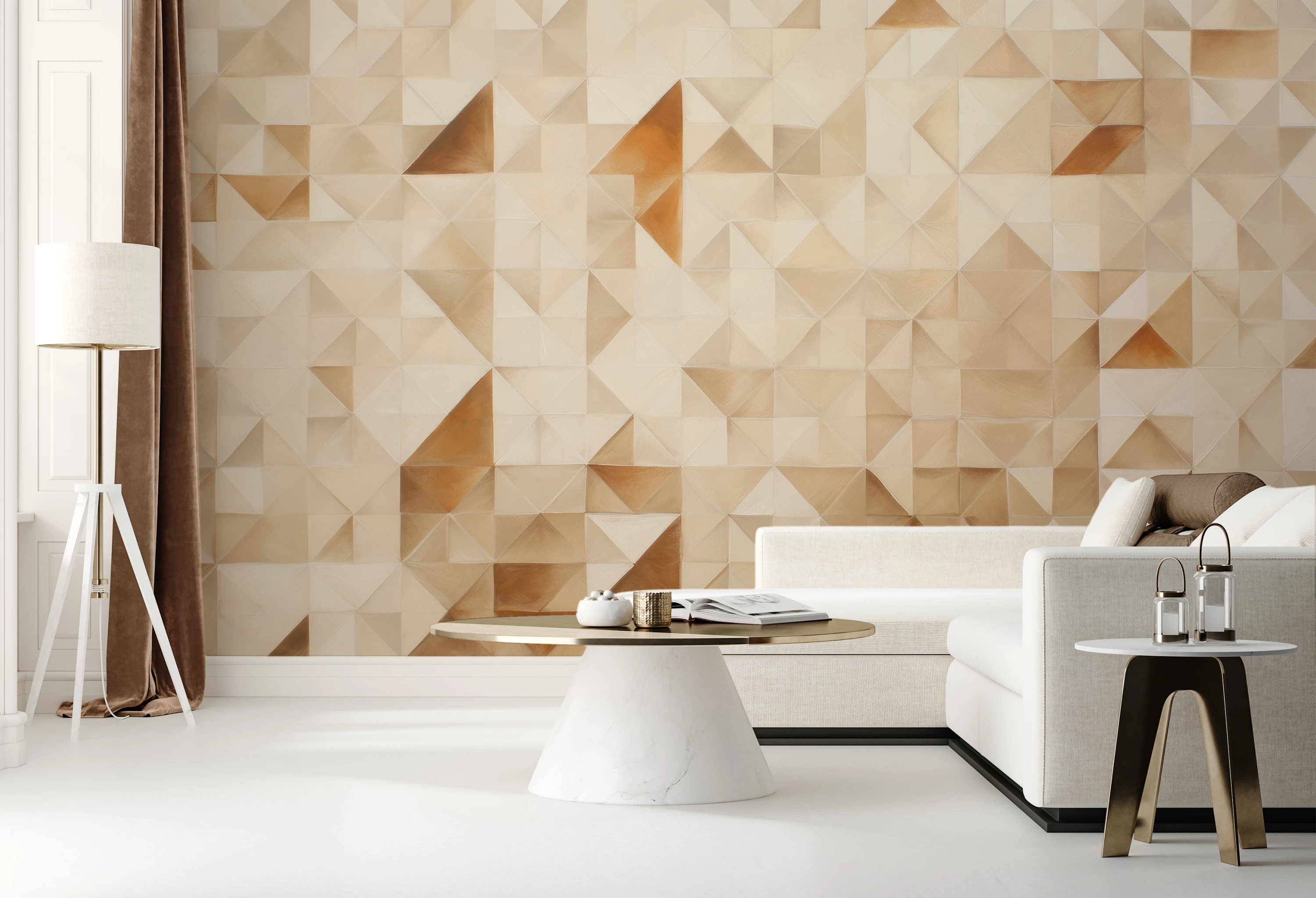 An abstract pattern resembling mountain peaks, made in a warm beige palette, creating a three-dimensional impression.