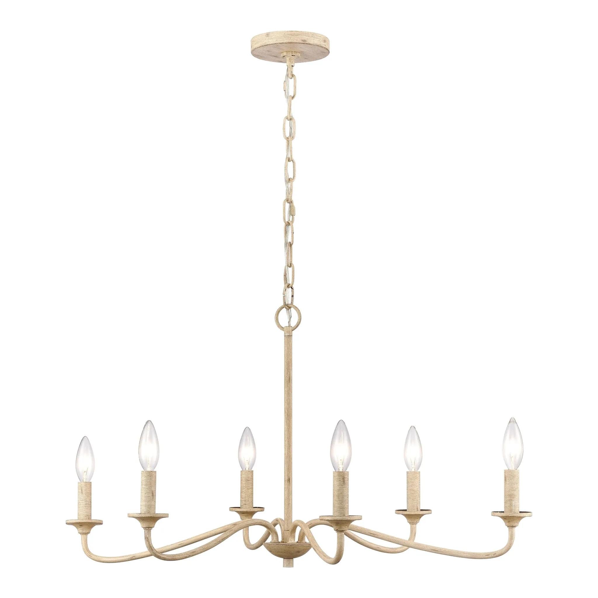 llisville 30" Wide 6-Light Chandelier: A cream-colored 6-light chandelier with a traditional, elegant design, featuring curved arms and candle-style bulbs.