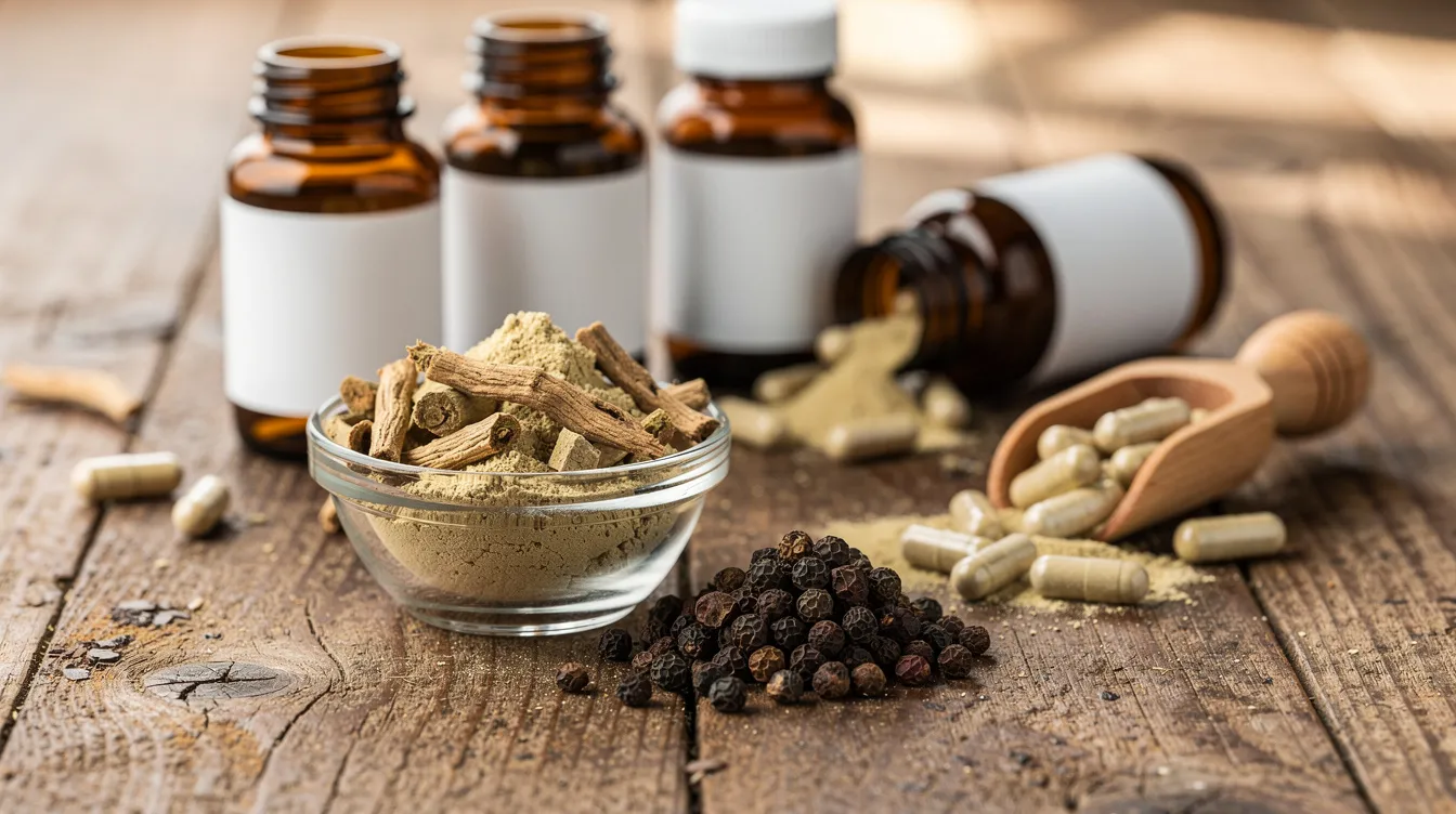 A close-up view of herbal supplements, including ashwagandha root and black pepper, is displayed on a rustic wooden table, emphasizing natural ingredients that support healthy testosterone levels and aid lean muscle mass. This image highlights the essence of wellness and vitality, appealing to health-conscious individuals seeking quality nutritional support.