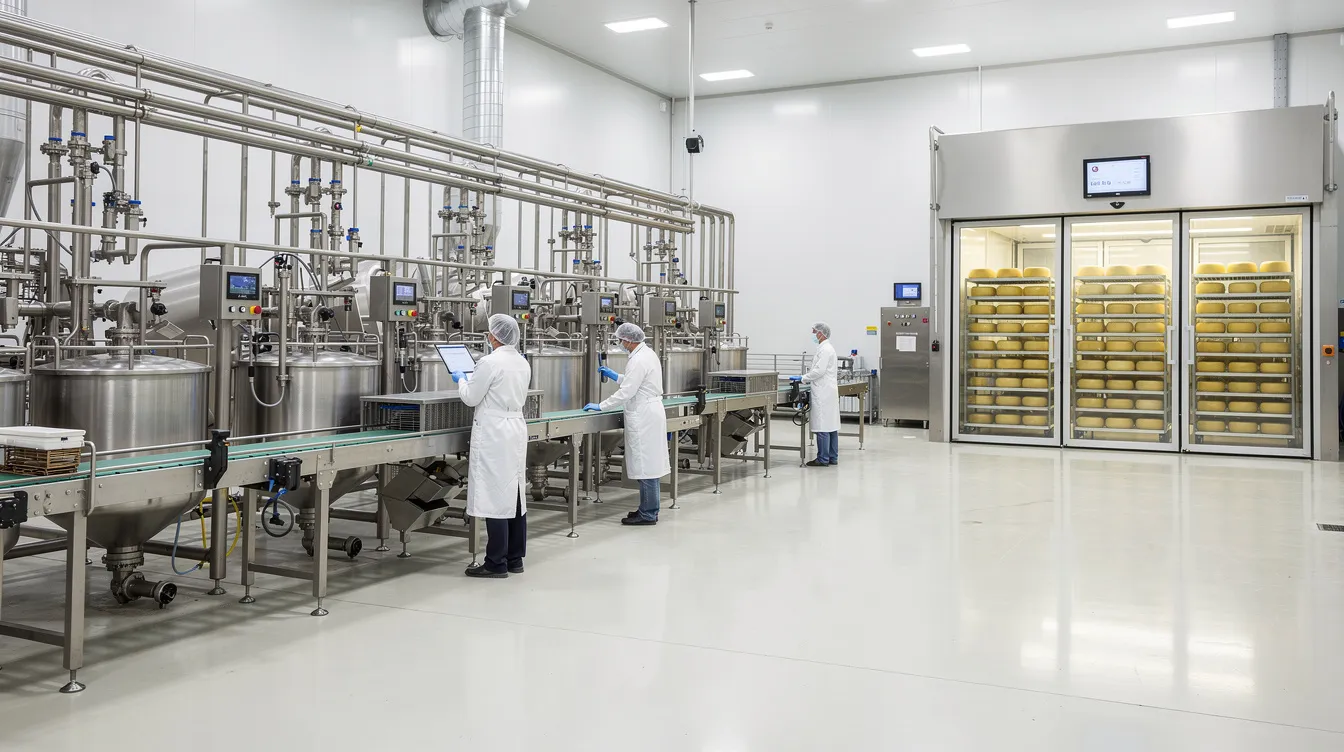 ca7a0261 6a82 493a 88c8 fad318dd50d8 The image depicts a modern cheese manufacturing facility featuring sleek stainless steel processing equipment and organized cold storage units, highlighting the operational efficiency of the cheese manufacturing plant. This facility is designed to optimize the production process of various cheese types while managing operating costs and ensuring quality dairy products.