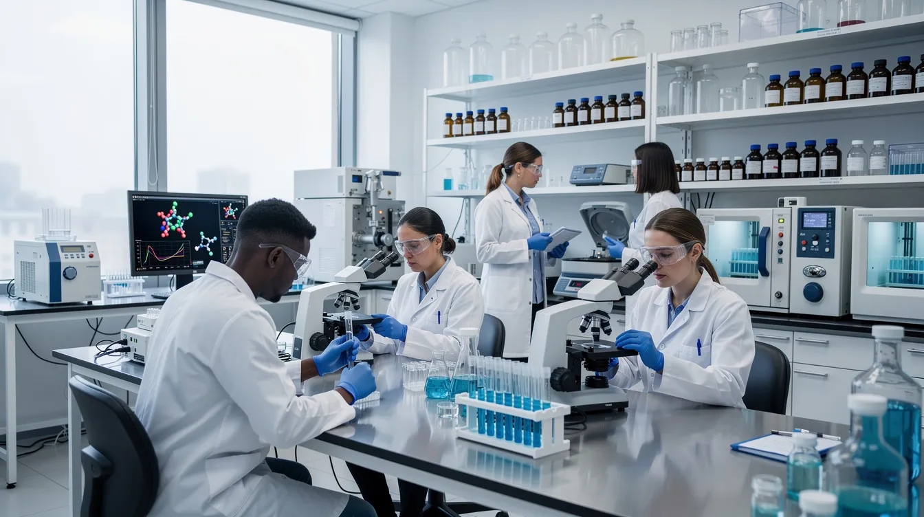 The image depicts a busy medical research laboratory where scientists are engaged in pharmaceutical development, focusing on innovative treatments like retatrutide for weight management and metabolic health. Various lab equipment and research materials are visible, highlighting the collaborative efforts in clinical trials aimed at optimizing dosing protocols and understanding the drug's effects on body weight and glucose control.