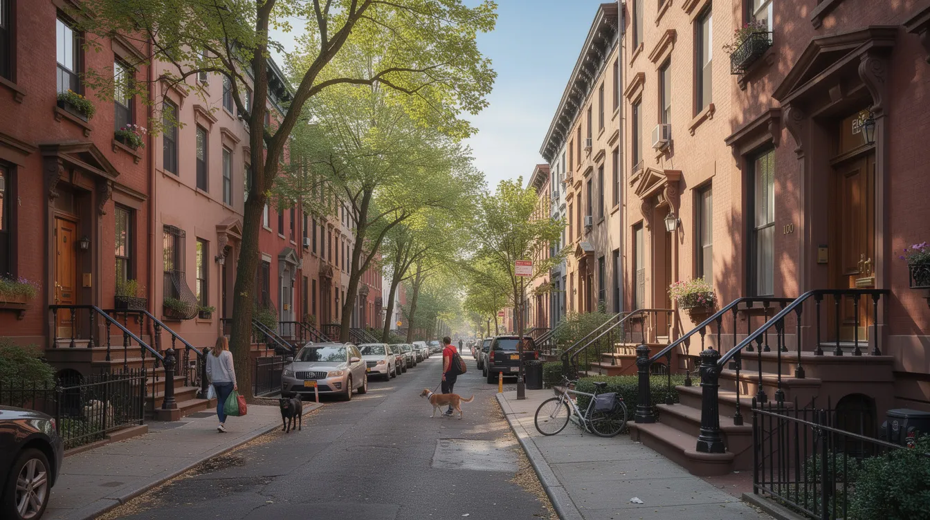 The image depicts a charming Brooklyn residential street lined with historic brownstone townhouses and a tree-shaded sidewalk, typical of Williamsburg's architectural style. This picturesque scene captures the essence of city living, ideal for those searching for their dream home in a vibrant community.