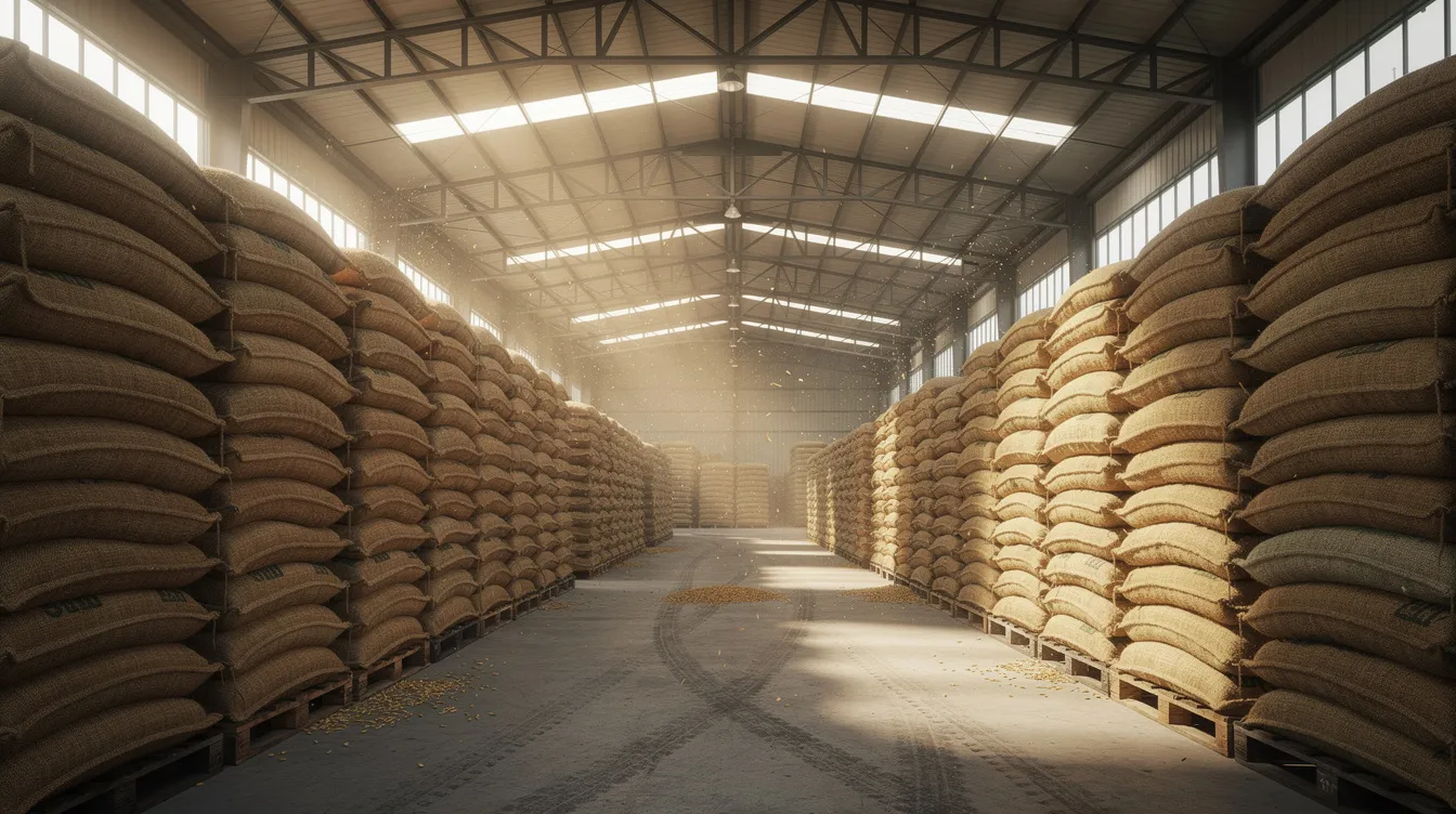 ca7d5f53 c270 432d 8a77 93b480c8ebd1 The image shows stacked jute bags filled with wheat, neatly organized inside a spacious industrial warehouse illuminated by natural light. This setting highlights the storage aspect of a flour mill project, emphasizing the importance of raw materials in the processing of wheat for flour production.