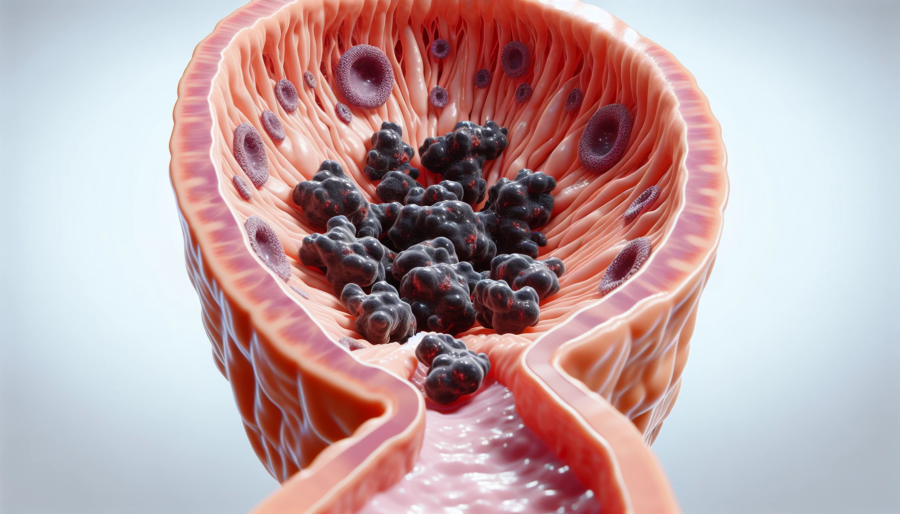 Illustration of metastatic colon cancer in the peritoneal cavity