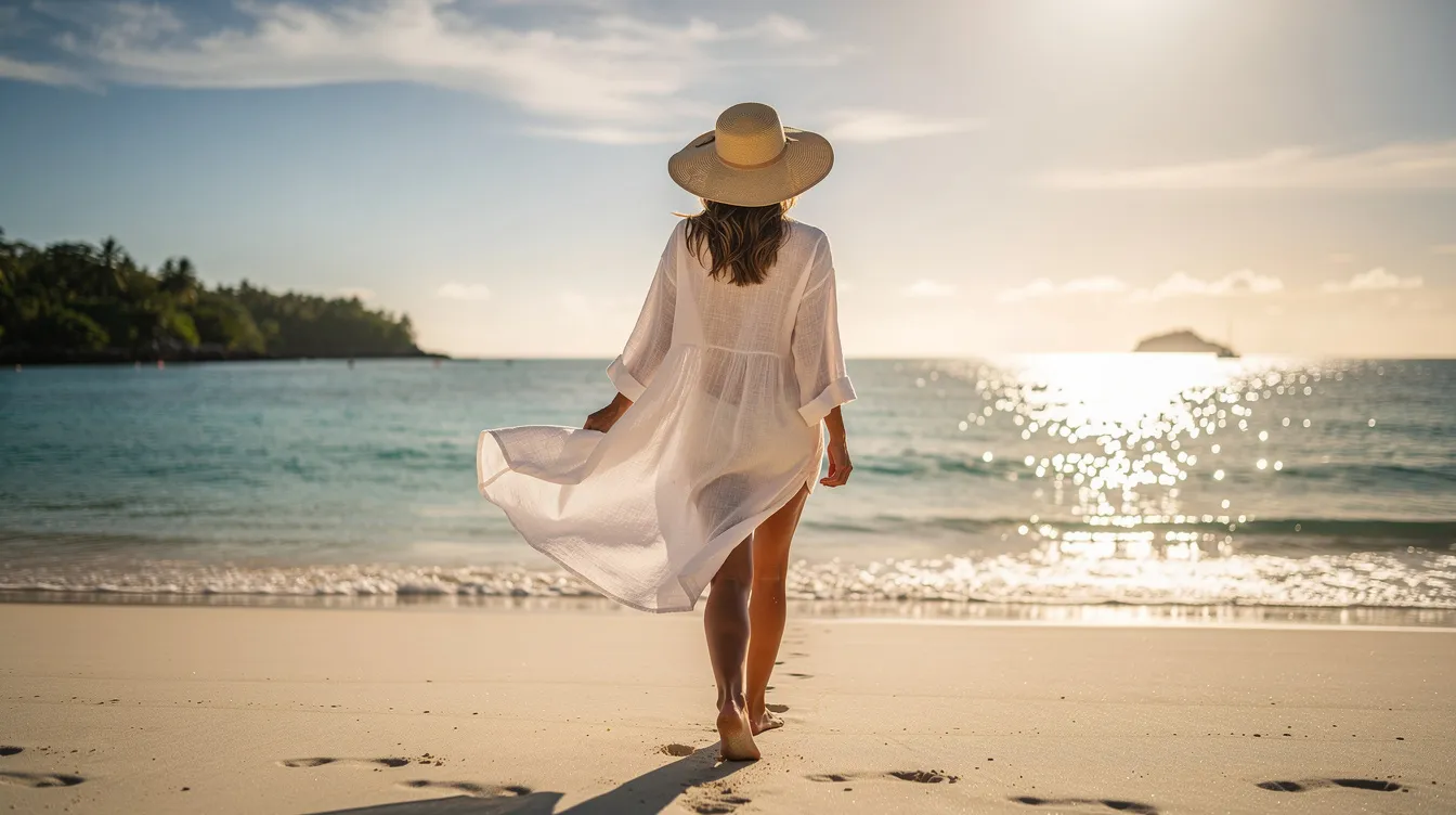 A woman wearing a straw sunhat and a breezy cotton cover-up strolls along a picturesque Caribbean beach, with vibrant turquoise water glistening in the background. Her relaxed outfit is perfect for a day of casual walking and enjoying the warm sun, ideal for cruise outfits and beach vacations.