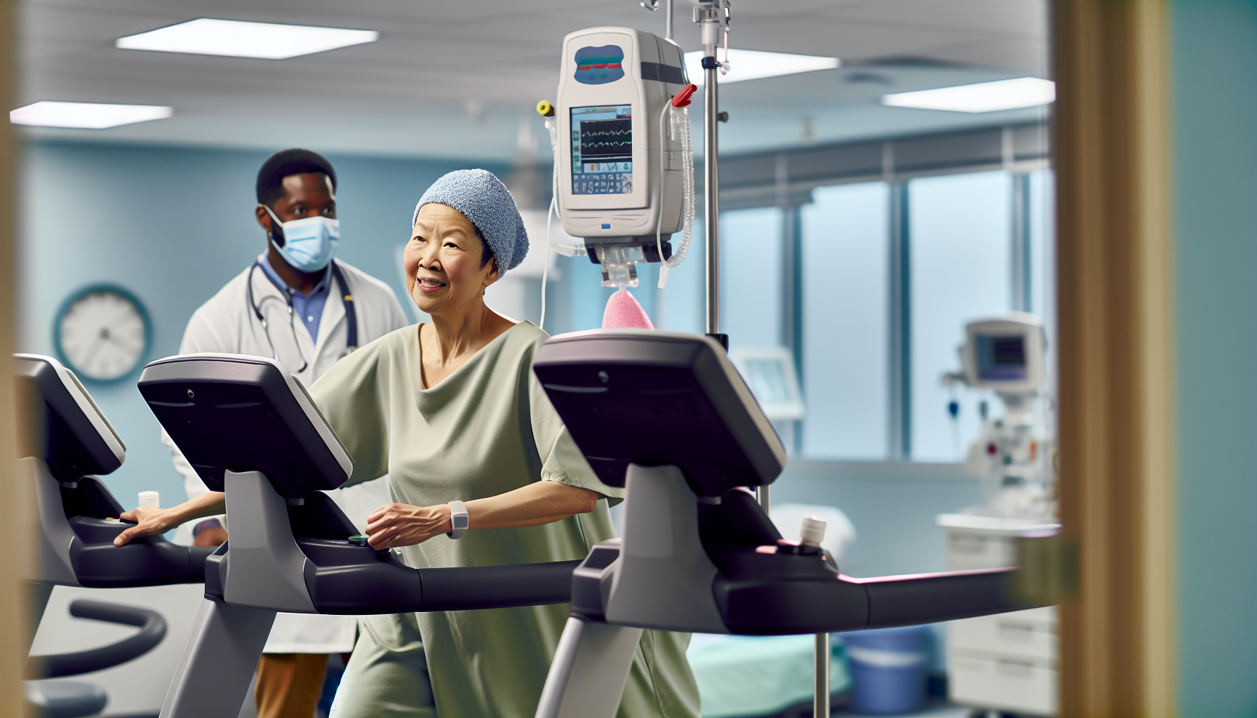 A person receiving cancer treatment while doing light exercise