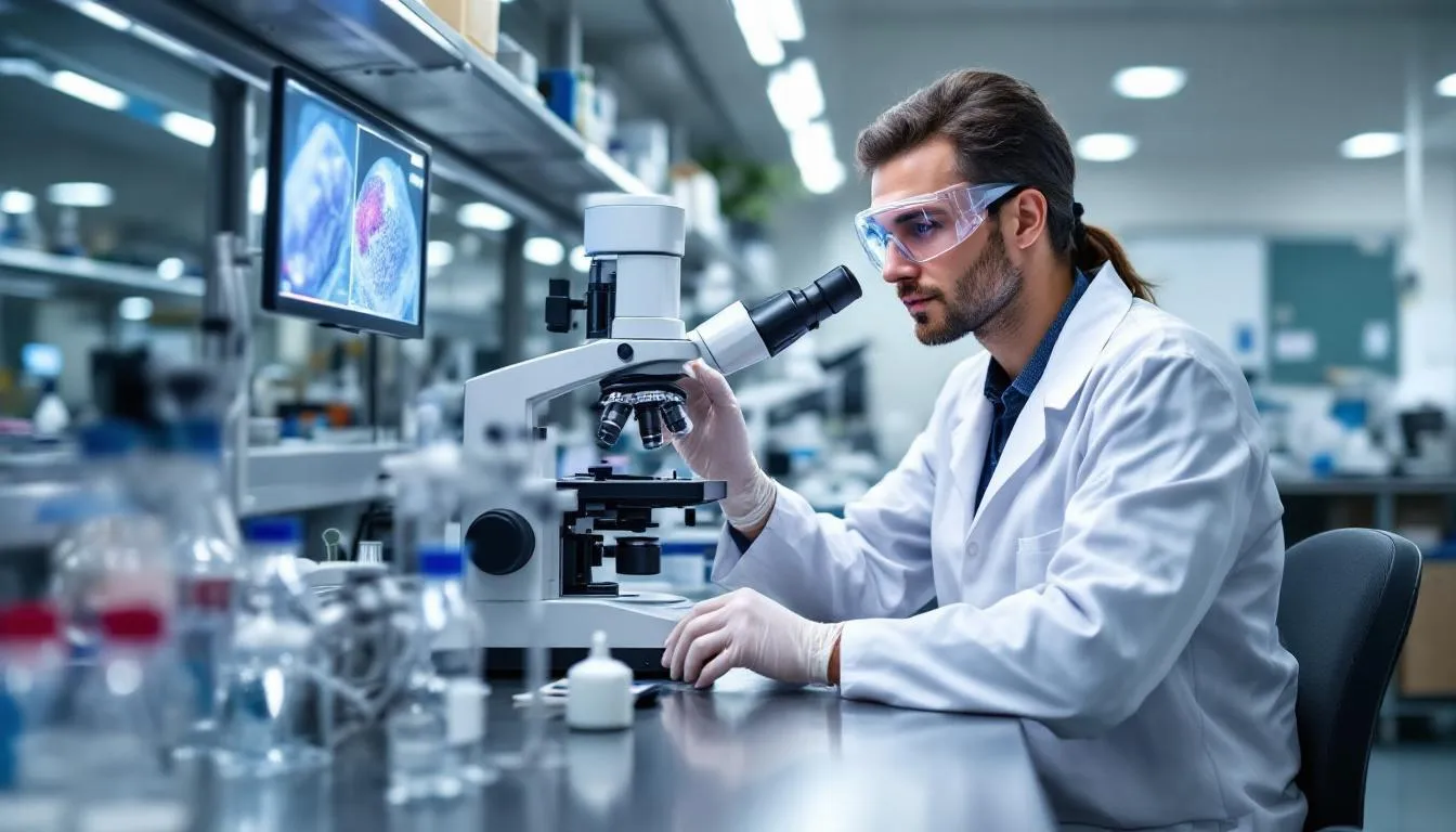 A laboratory technician is closely examining skin samples under a microscope, likely to diagnose various skin diseases in dogs, such as bacterial skin infections or fungal skin infections. The technician