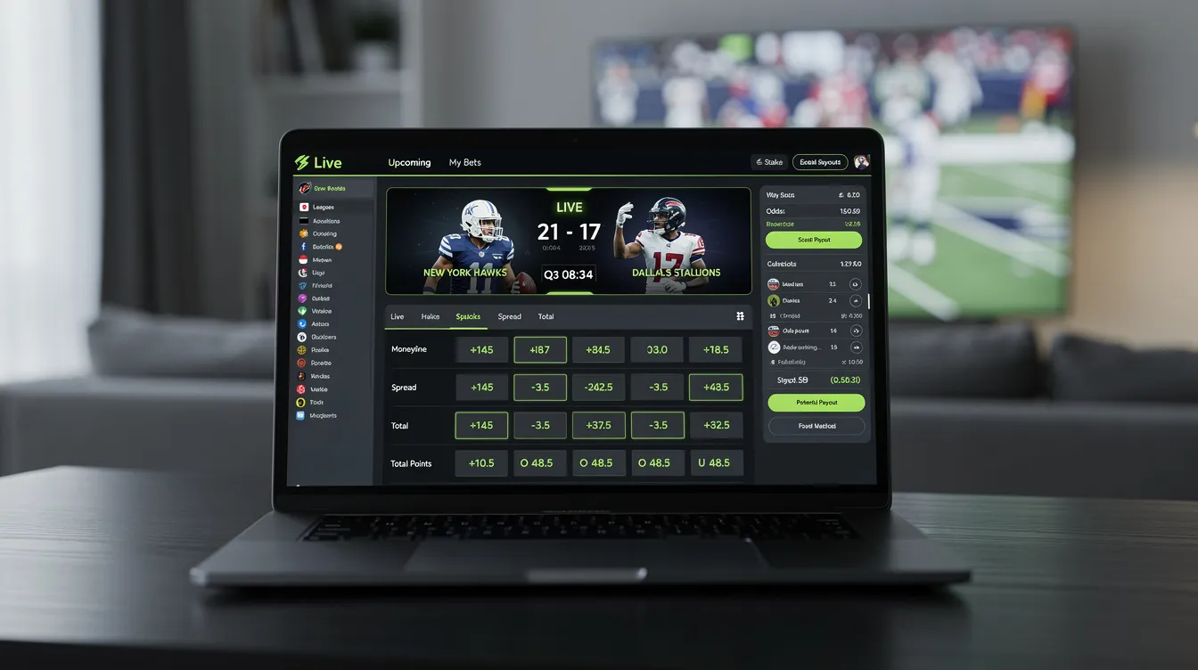 The image depicts a sports betting interface showcasing live football match odds, highlighting various sports betting markets and competitive odds for users. This interface is designed for easy navigation, allowing bettors to quickly access their favourite games and place bets in real-time.