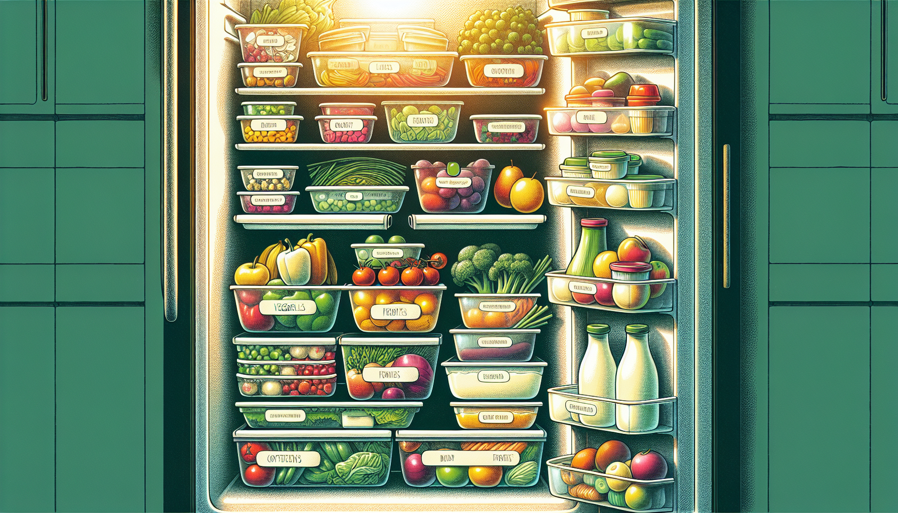 Organized refrigerator with labeled containers