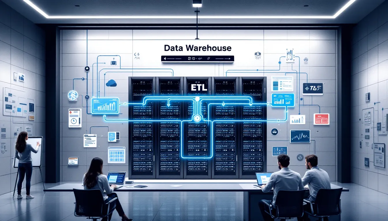 The image illustrates the concept of data warehousing and ETL (Extract, Transform, Load) processes, showcasing a data warehouse that consolidates data from multiple sources. It highlights the integration of raw data and structured data into a centralized repository, emphasizing the role of data virtualization technology in enhancing data access for business users and facilitating data management.