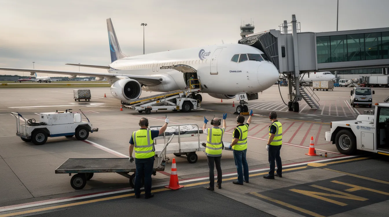 The image depicts an airport ramp team actively coordinating the turnaround of an aircraft near parked planes, emphasizing the critical role of ground staff in managing operations efficiently. This scene illustrates the challenges of time management and resource allocation in the aviation industry, showcasing the importance of effective workforce management solutions for ensuring timely aircraft servicing.