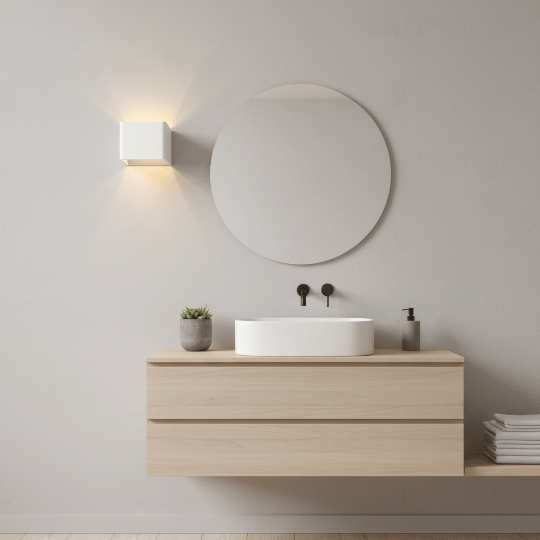 Wall-mounted cube light casting soft ambient glow in a Nordic bathroom by 7Pandas.