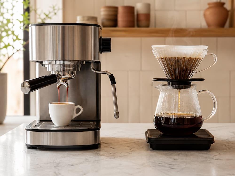 An espresso machine and a pour-over brewer making coffee side by side