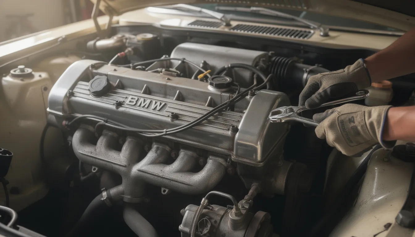 A close-up view of a vintage BMW engine bay showcases an inline-six engine undergoing maintenance by skilled auto mechanics. The image highlights the intricate details of the engine and the care taken in the repair process, reflecting the quality and expertise associated with BMW service and restoration.