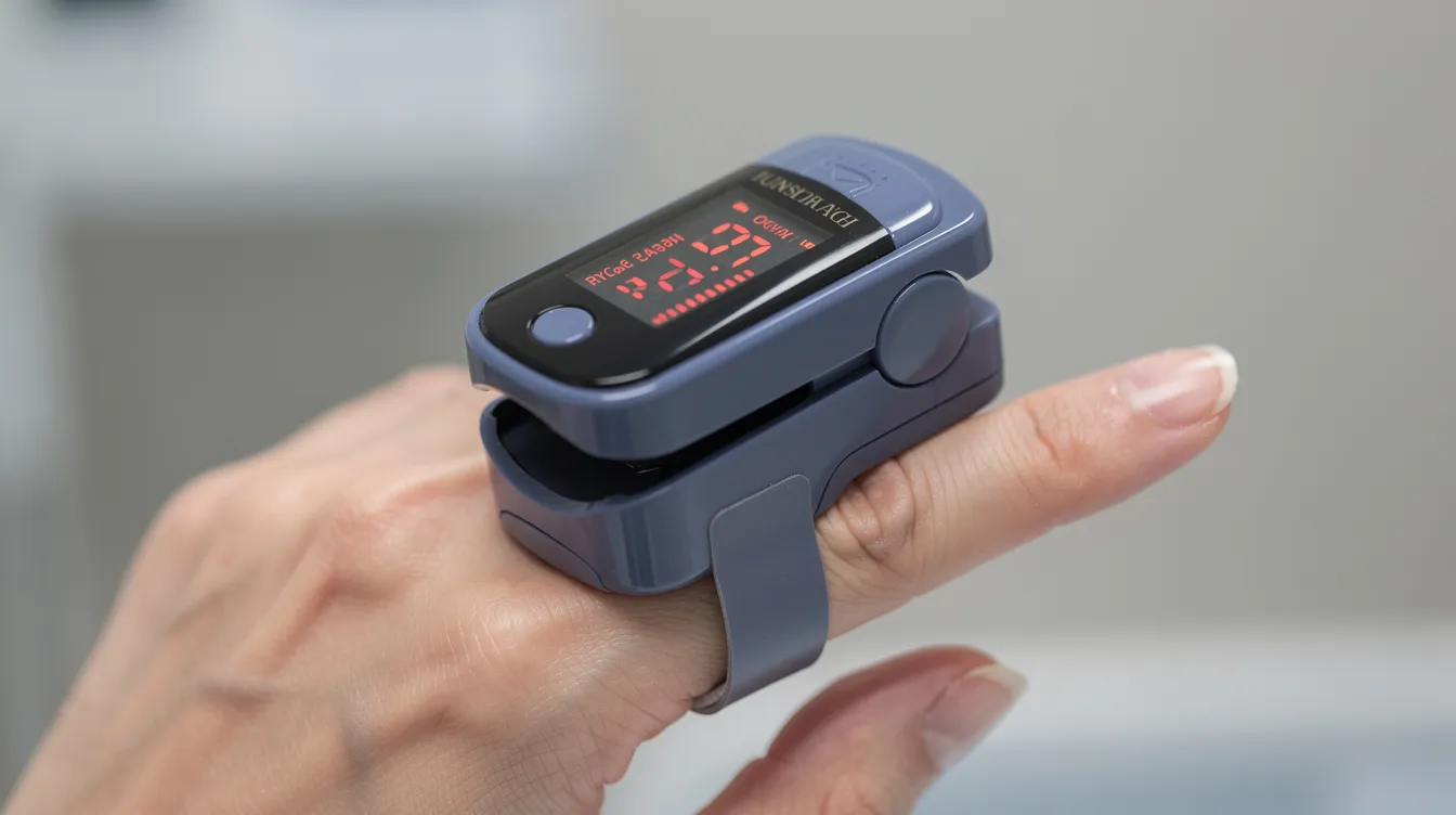 A close-up view of a pulse oximeter device attached to a person&rsquo;s finger, measuring blood oxygen levels, which is crucial for diagnosing sleep apnea and other sleep disorders during a home sleep test. The device provides important data for healthcare professionals to assess breathing patterns and monitor sleep health.